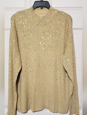 Sequin-Embellished Gold Turtleneck Mockneck Sweater